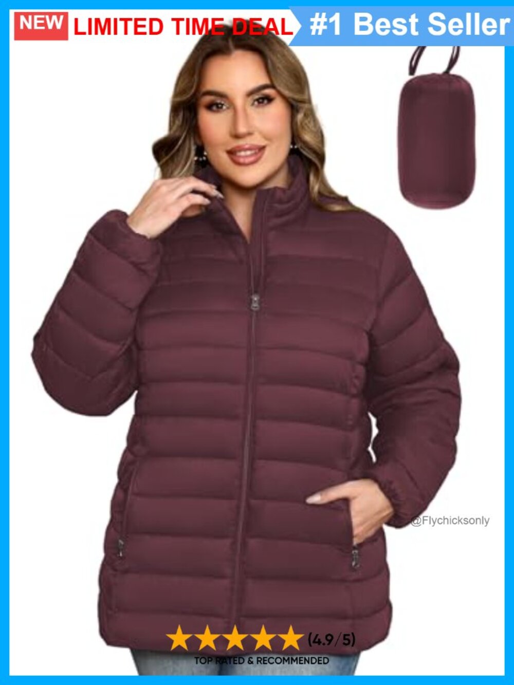 Packable Puffer Jacket Plus Size Lightweight Quilted Zip